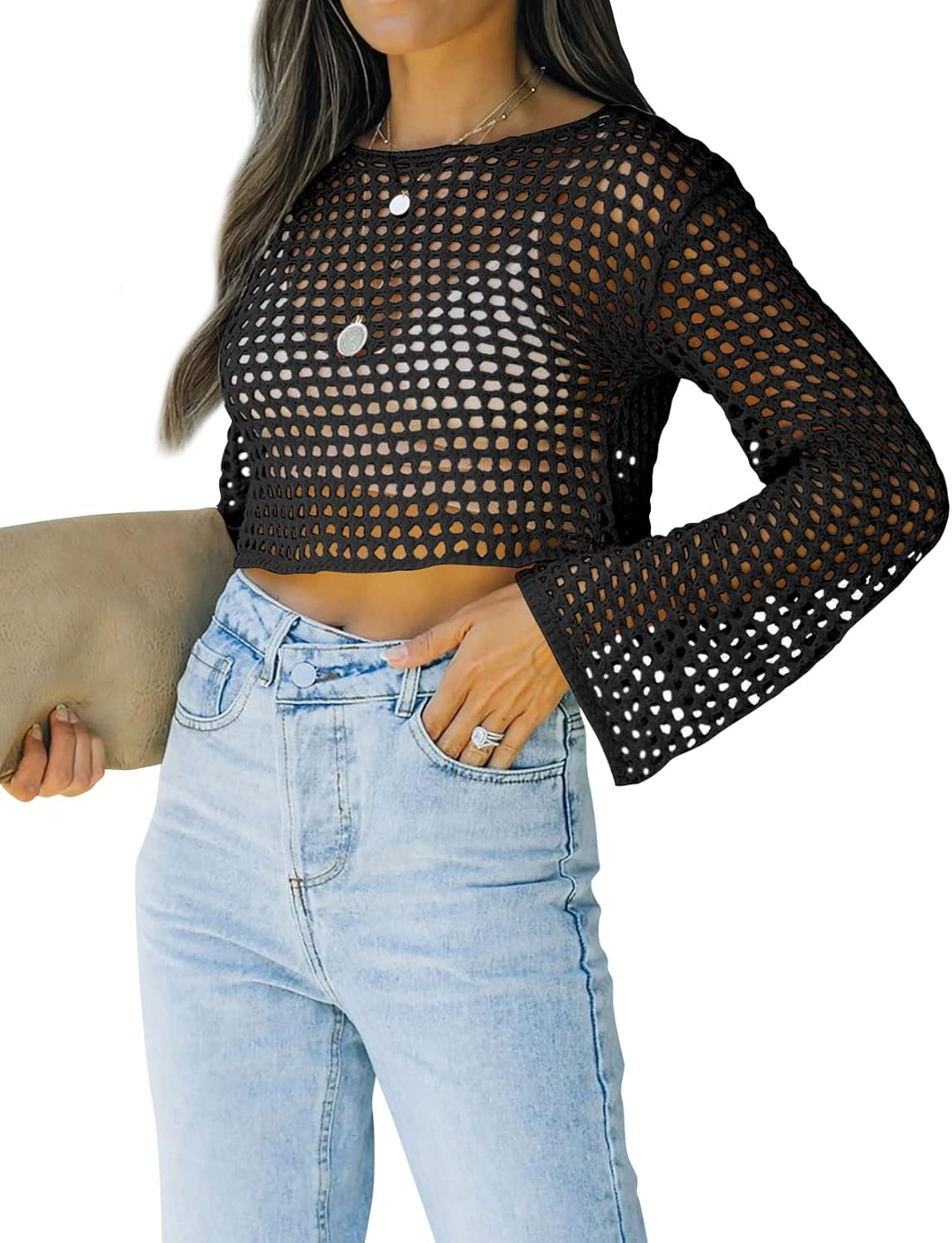 Womens Fishnet Crochet Crop Top Sexy Long Sleeve See Through Hollow Out Mesh Bikini Cover Ups - Image 2