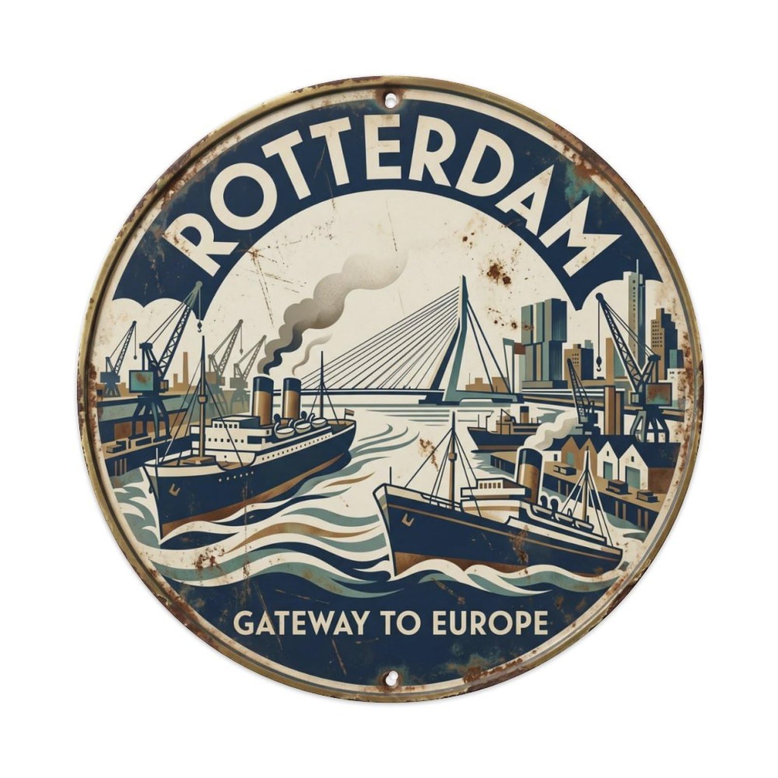 Vintage Travel Rotterdam Maritime Gateway Metal Tin Sign Plaque Wall Decor for Cafe, Club, Garden Round Metal Poster 8x8Inch