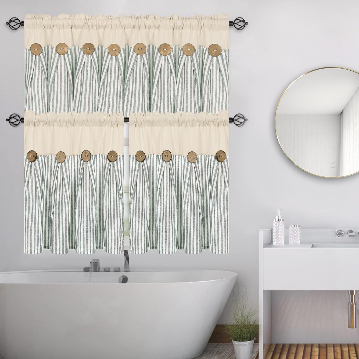 ASPMIZ Cotton Linen Kitchen Curtains and Valances Set, Boho Rustic Button Valances for Windows Farmhouse Style Striped Window Treatments Curtain Valance for Bathroom, 52x18 and 26x24 Inches, Green