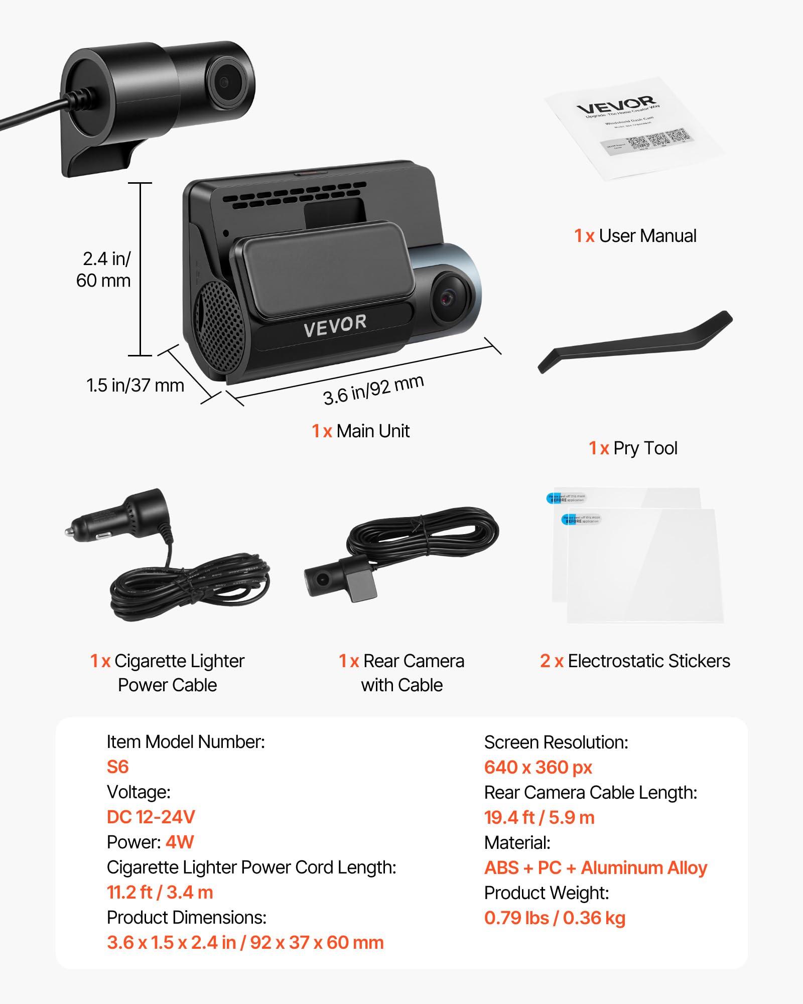 VEVOR Cámara de Salpicadero para Coche Dashcam Frontal y Trasera 4K+1080P, Control por Aplicación WiFi, con GPS Integrado, Sensor G, Ángulo de Visión Frontal 123° y Trasero 125°, Grabación en Bucle