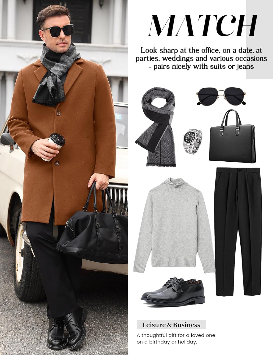 Men's Trench Coat Casual Single Breasted Long Pea Coat Notched Collar Warm Overcoat for Fall Winter with Pockets - Image 6