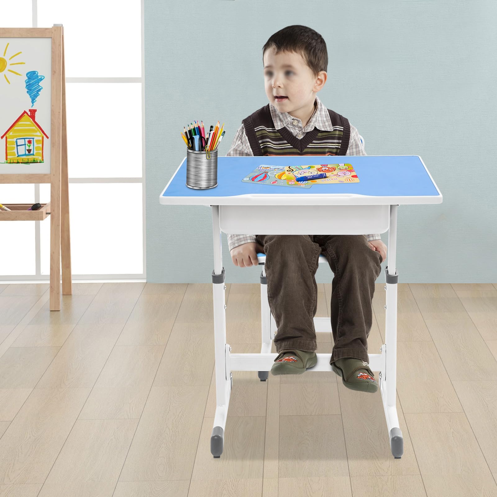 Scrivania per bambini e ragazze, regolabile in altezza, set da scrivania e sedia, scrivania per bambini, scrivania per ragazzi e ragazze, portata 300 kg (blu)