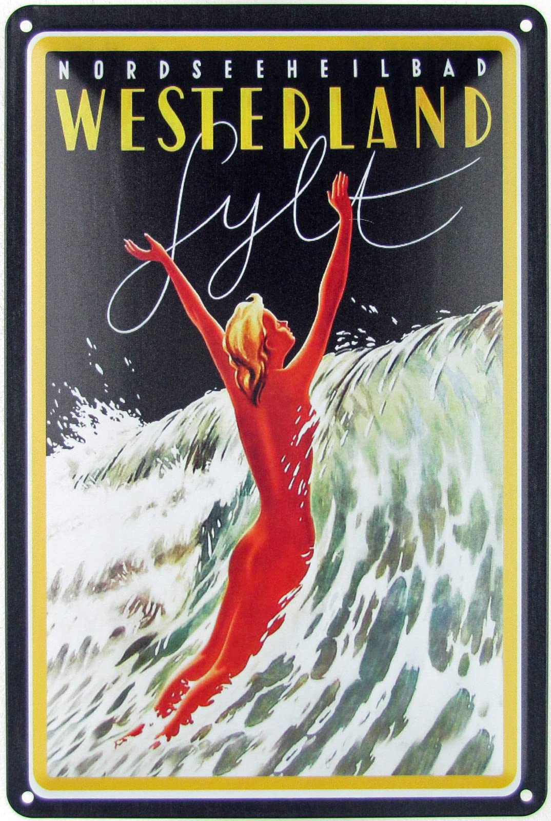 Targa In Metallo Sylt Westerland – 'Frau In Den Wellen' – 30x20 Cm – Decorazione Murale Vintage Souvenir Del Mare - 3