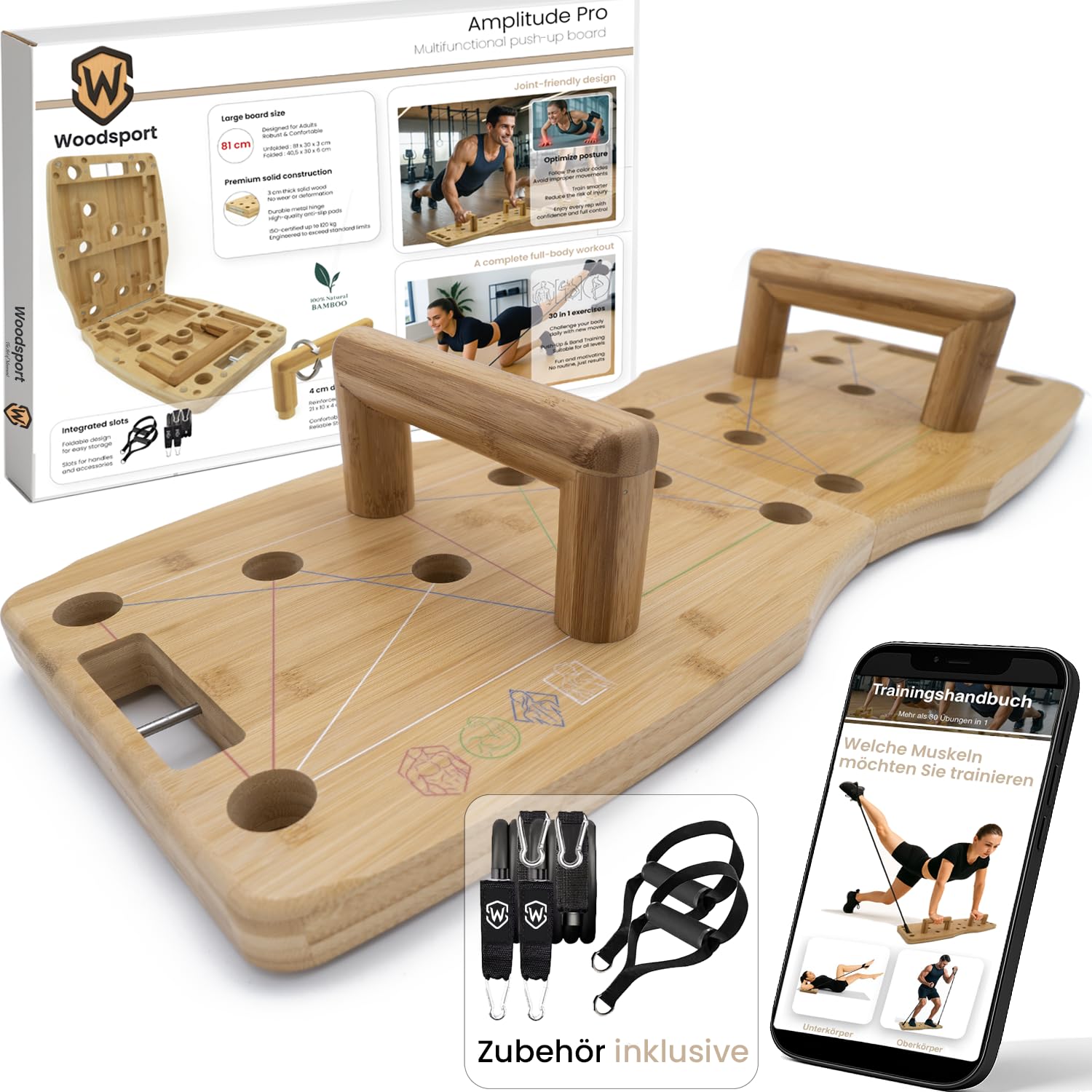 Pro – Liegestützbrett/Push up Board aus Bambus für Home gym – 81 cm Erwachsenengröße – Klappbares Fitnessgerät für Zuhause – inkl. Resistance Bands + 30-in-1 Trainingsguide
