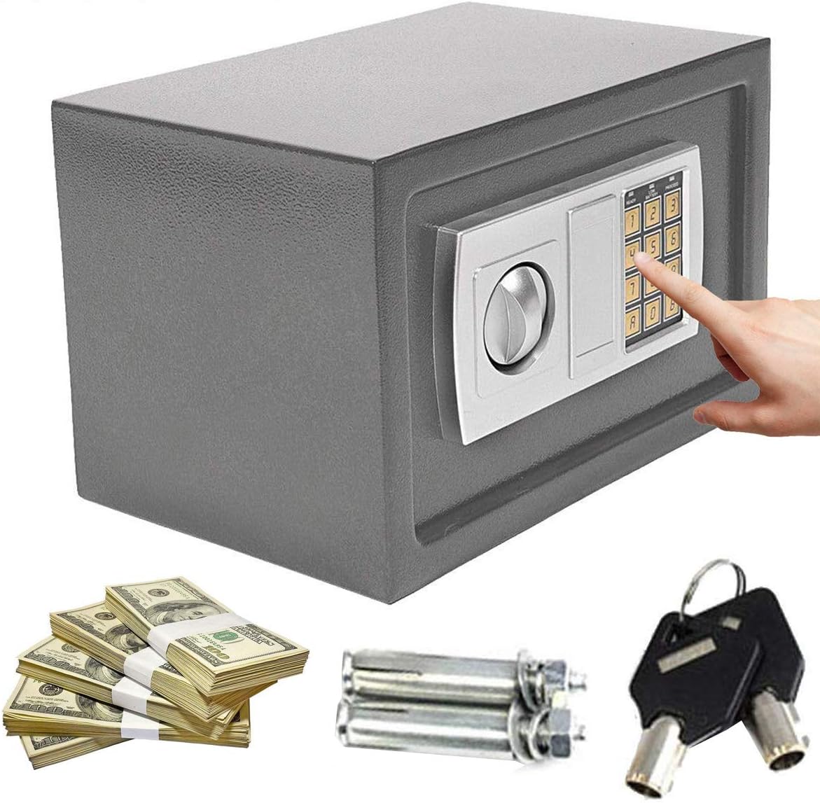 8.5L Digital Steel Safety Box Safe Electronic Security Coffer Safety Deposit Box Waterproof Fire Resistant 2 Manual Override Keys-Protect Money with Keypad Home Office Cash Money Passports Grey