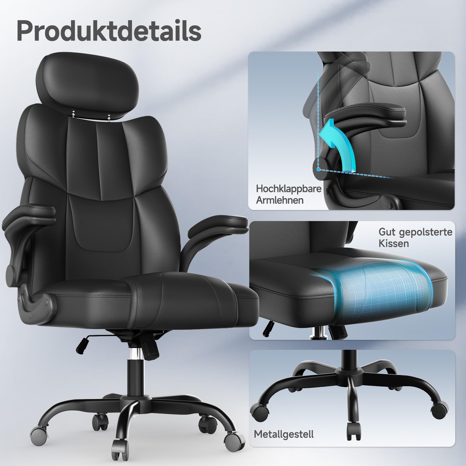 naspaluro Ergonomischer Bürostuhl aus PU-Leder, Chefsessel mit Kopfstütze, Hochklappbaren Armlehnen, Wippfunktion, Höhenverstellbar, Belastbar bis 180 kg, Office Chair für Büro Computer Chefsessel