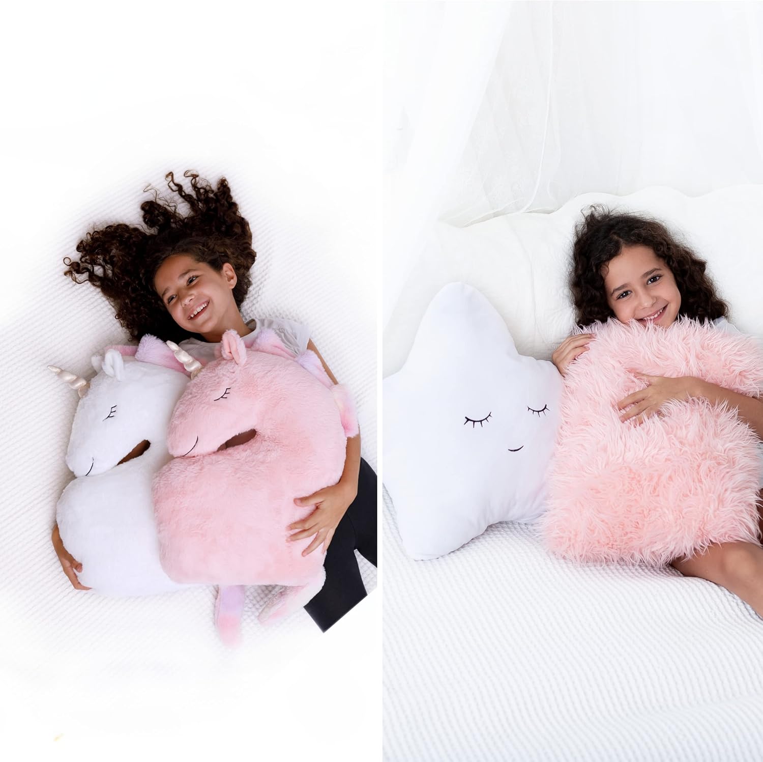 Perfectto Bundle – 4 Decorative Pillows for Girls – White Star and Furry Pink and Two Unicorn Pillows. Fluffy Faux Pillows, Fun Throw Pillows for Kid’s Bedroom Décor.