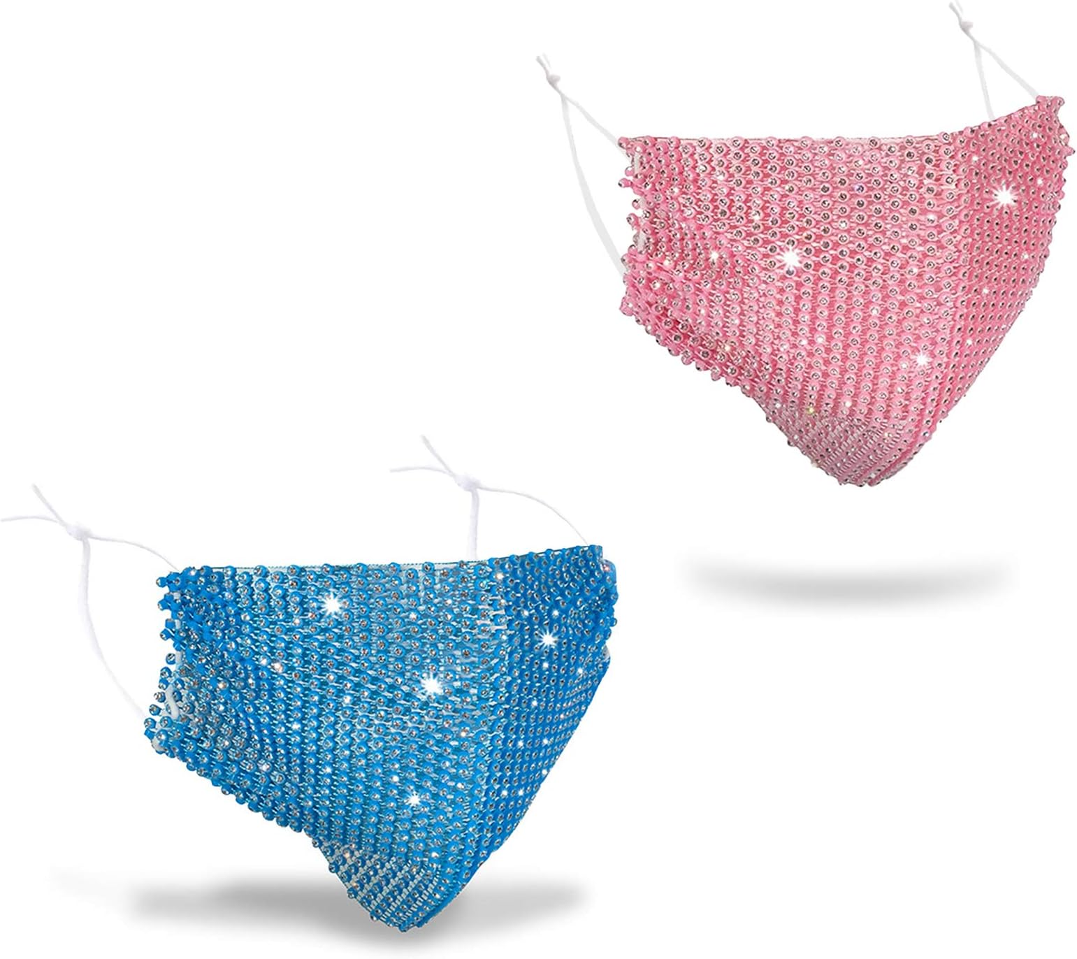 Sparkly Rhinestone Bling Face Mask for Women Crystal Masquerade Masks Halloween for Girls (2pcs- Pink & Blue)