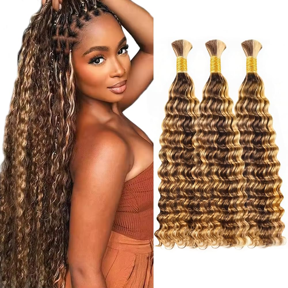 Highlight Brown Deep Wave Bulk Human Hair For Braiding P4/30 Boho Human Braiding Hair 24 24 24 Inch Unprocessed Bohemian Loose Deep Wave Bulk Hair Extensions
