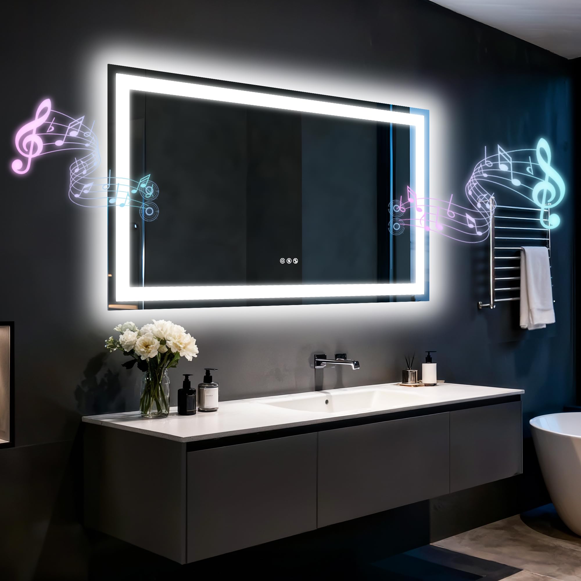Olyvren 1000 * 700 mm LED Bathroom Mirror with Lights,Bluetooth Dual Speaker,Anti-Fog,3 Color Temperature,Dimmable Brightness,Memory Function,Waterproof,Wall Mount Design,Tempered Glass