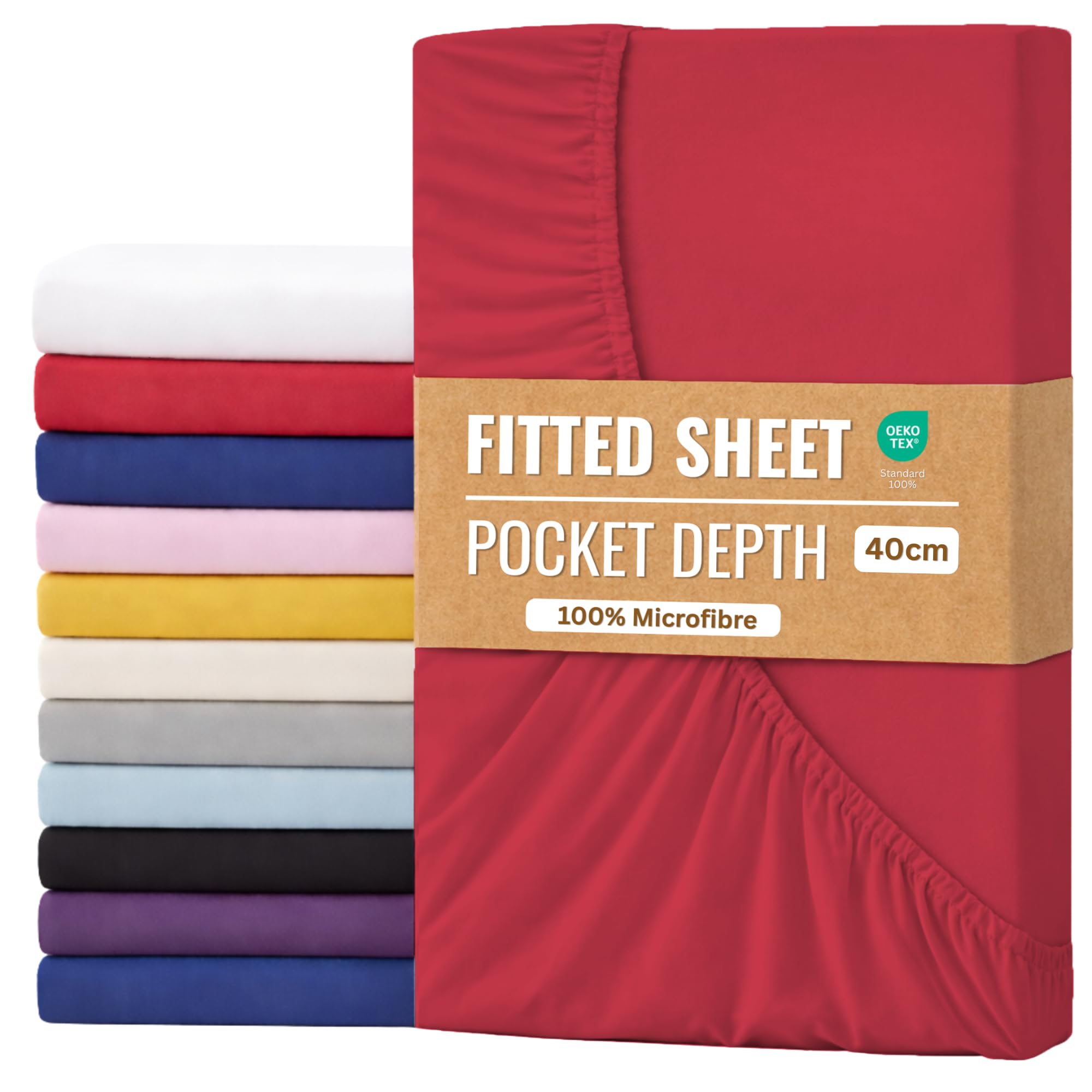 Fitted Sheet 40cm with Extra Deep Pockets - OEKO-TEX Certified Bed Sheet Single Size 90X190CM | Hotel Quality & Wrinkle Resistant | Brushed Microfibre Fitted Sheets (Red)