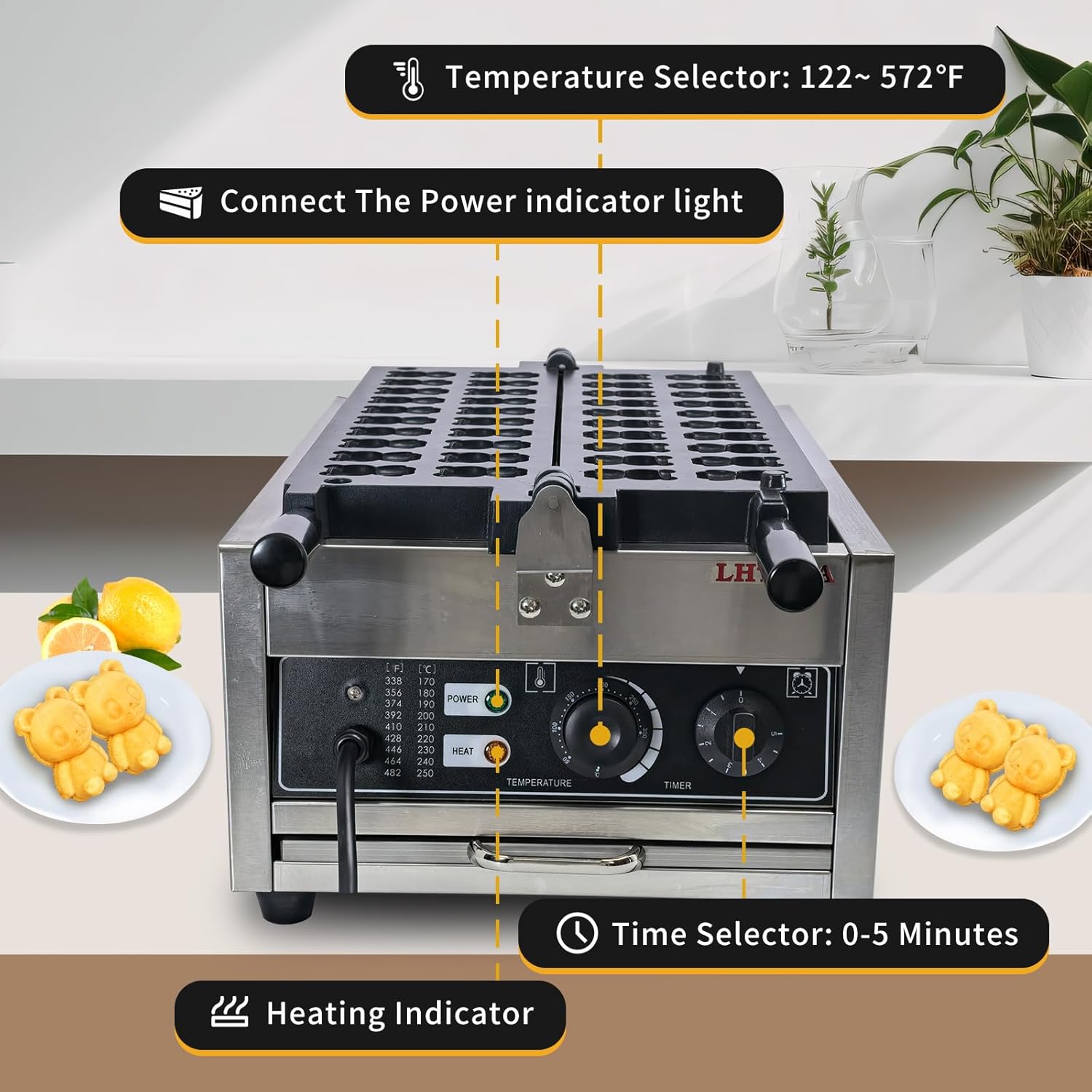 Commercial Bear Waffle Maker, 20 PCS Mini Animal Waffle Baker Machine, 2000W Non-Stick Stainless Steel Waffle Iron with Temp and Time Control, Handle, for Restaurant Bakery Snack Bar Family