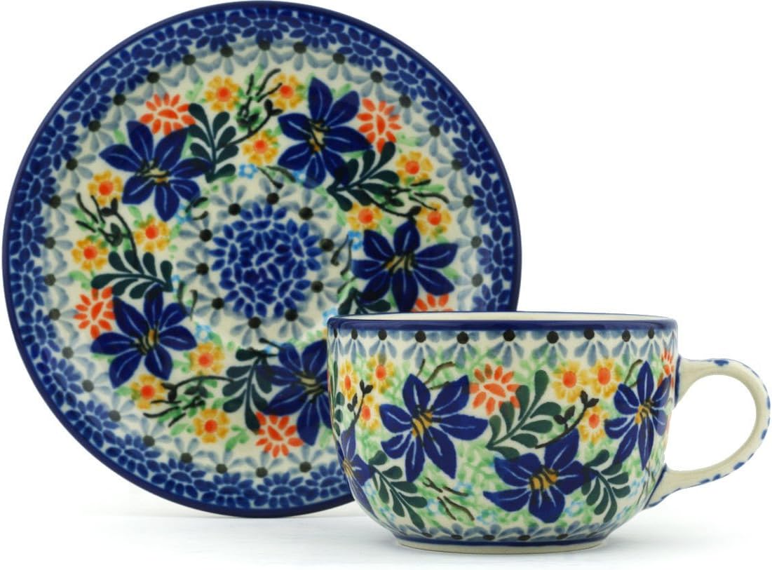 Polmedia Polish Pottery Cup with Saucer UNIKAT - Sapphire Lilies Pattern Handmade in Boleslawiec Poland by Ceramika Artystyczna + Certificate of Authenticity