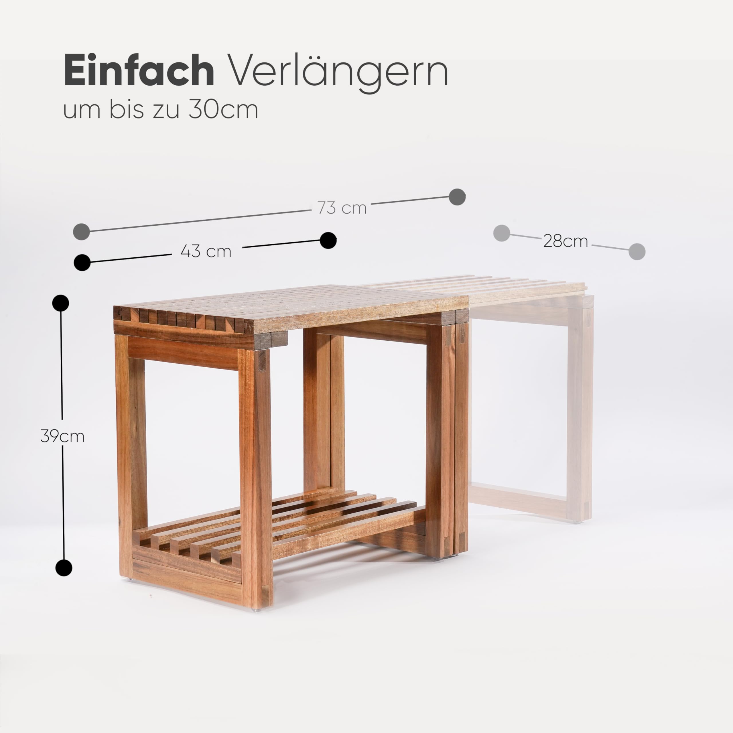 SVADA ausziehbarer Duschhocker aus Akazienholz - Duschbank Akazie mit Ablage - multifunktionale Saunabank - Hocker & Beistelltisch aus Holz für Badezimmer - Dusche - Balkon - Garten - outdoor - indoor
