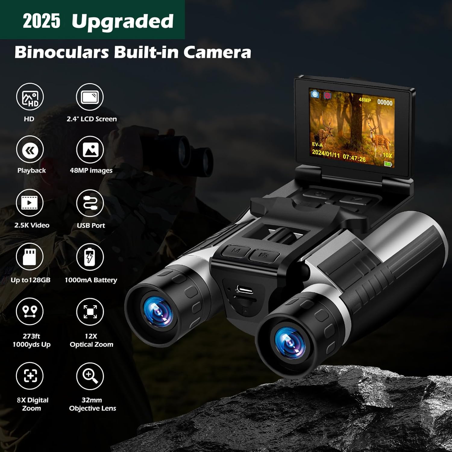 Jumelles d'appareil photo numérique 2 en 1 pour adultes, 12 x 32 HD avec écran LCD de 2,4", enregistrement vidéo 48 MP et 2,5 K, zoom numérique 8X pour observation des oiseaux, concerts, voyages 16 Go
