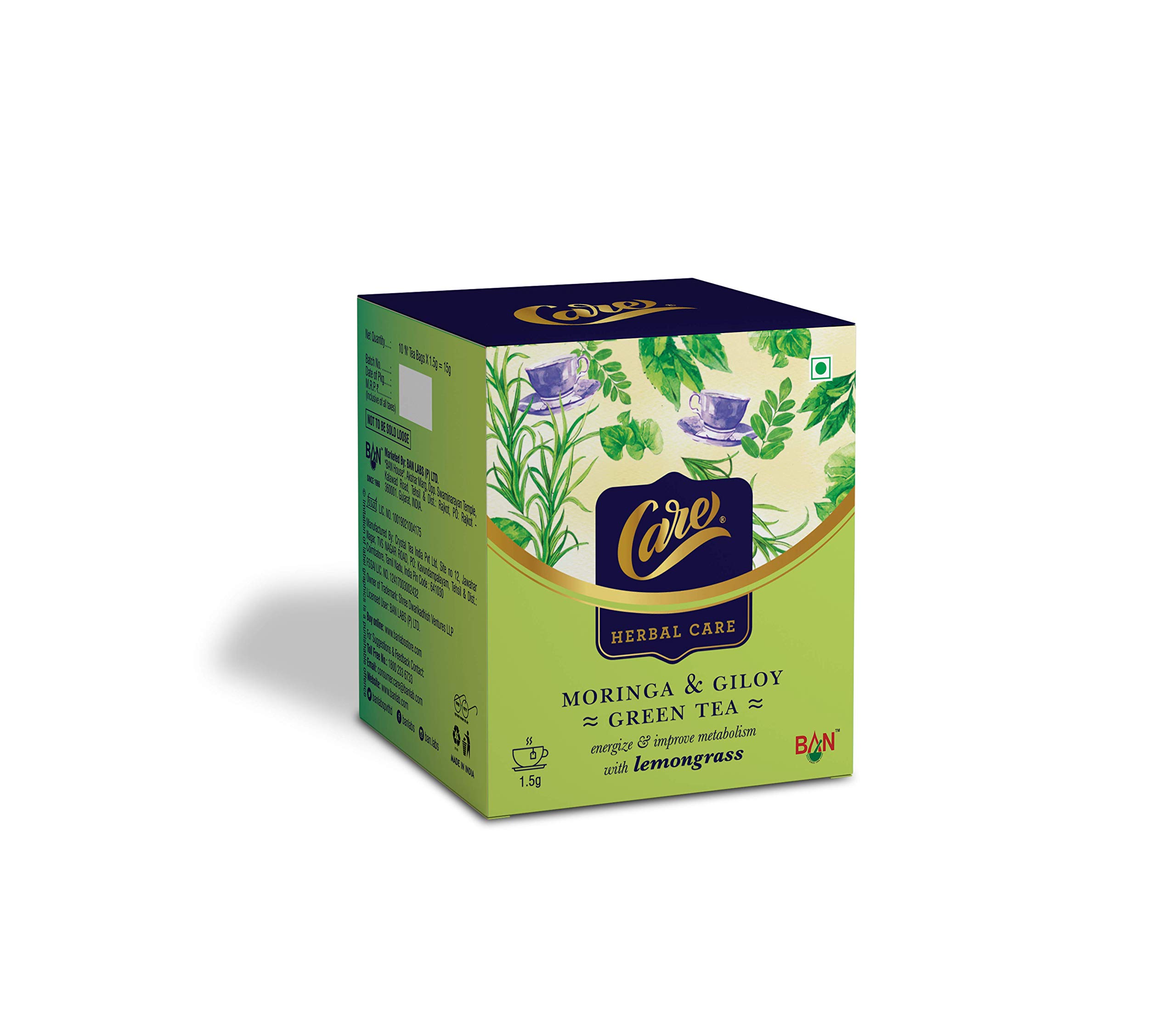 CARE Moringa & Giloy Green Tea 10 Bags | Organic Desi Kahwa with Lemongrass, Giloy & Ginger | Natural Whole Loose Leaves Blend | Ayurvedic Indian Herbal Kadha for Detoxification & Immunity