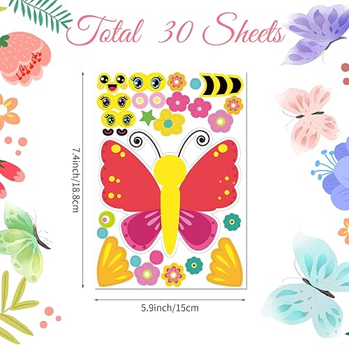 Miniatura 2 de Paquete de 30 calcomanías de mariposas para niños, 5 diseños de manualidades de mariposas, calcomanías para hacer una cara, hazlo tú mismo, mezcla y