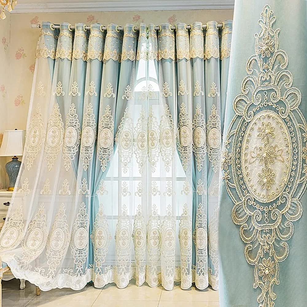 Amidoudou 1 Pair European Double Layer Curtains with Valances for Living Room Bedroom Luxury 3D Flower Embroidered Curtains (Blue,52x90 Inch)-image-42
