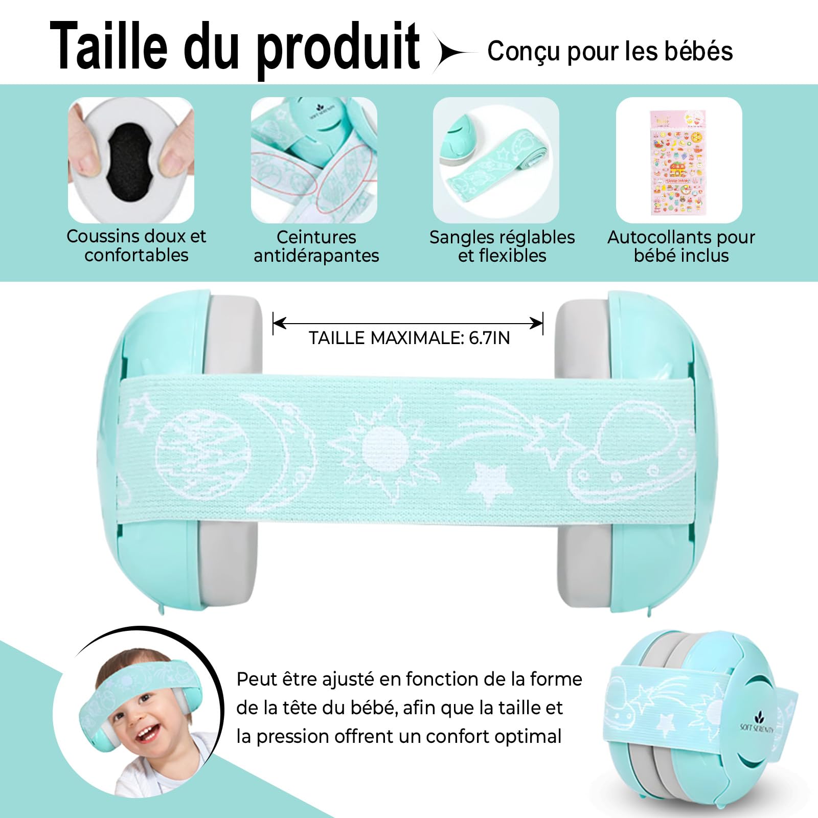 Casque Anti Bruit Bébé Aqua : Protection Auditive pour Bébés et Enfants jusqu'à 4 ans - Certifié CE - Réglable et Confortable - Protège et Améliore le Sommeil Pendant les Déplacements