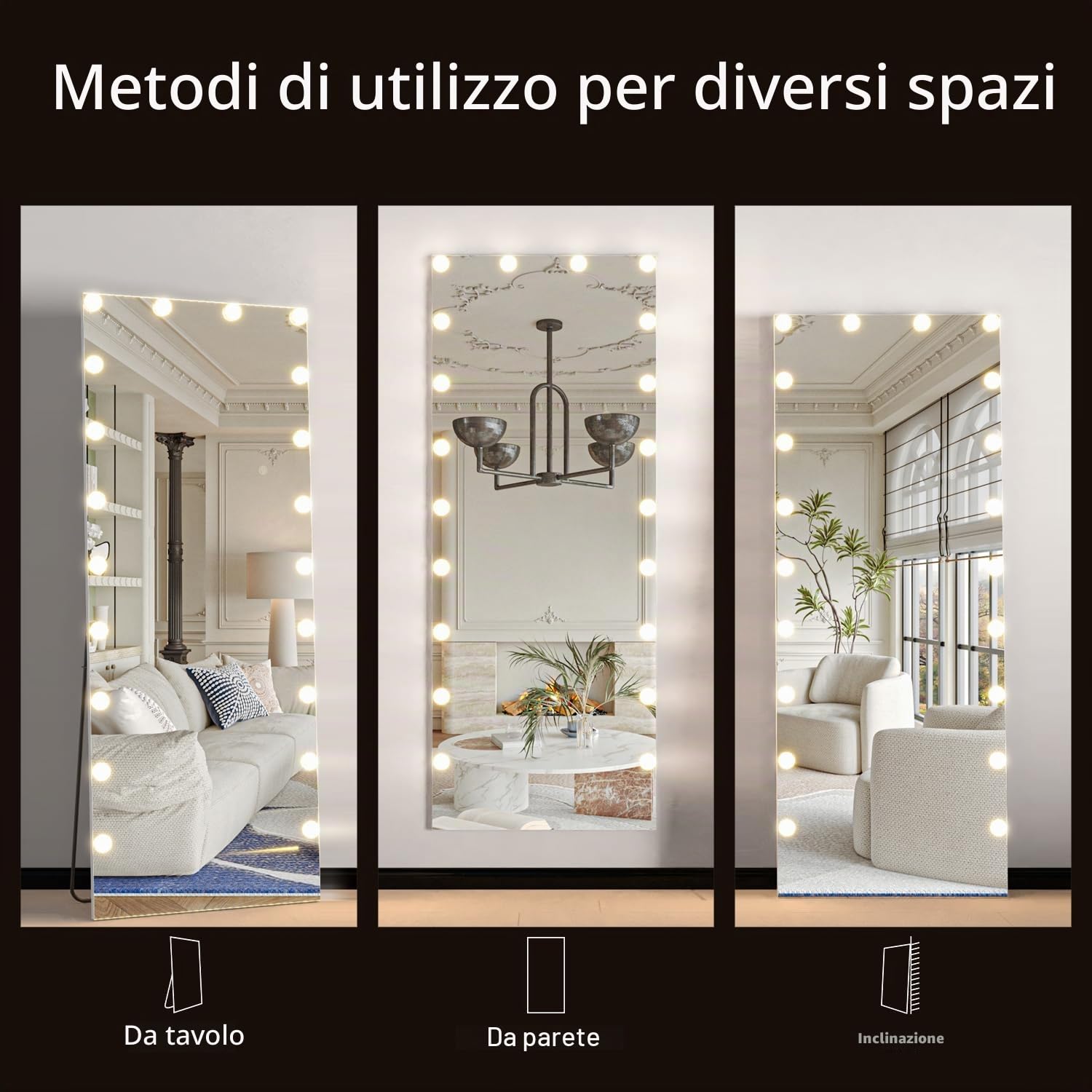 Specchio a figura intera con luci, 160 x 50 cm, specchio da terra Hollywood e da parete con luce, grande specchio da toeletta per camera da letto, 3 modalità di colore (bianco)