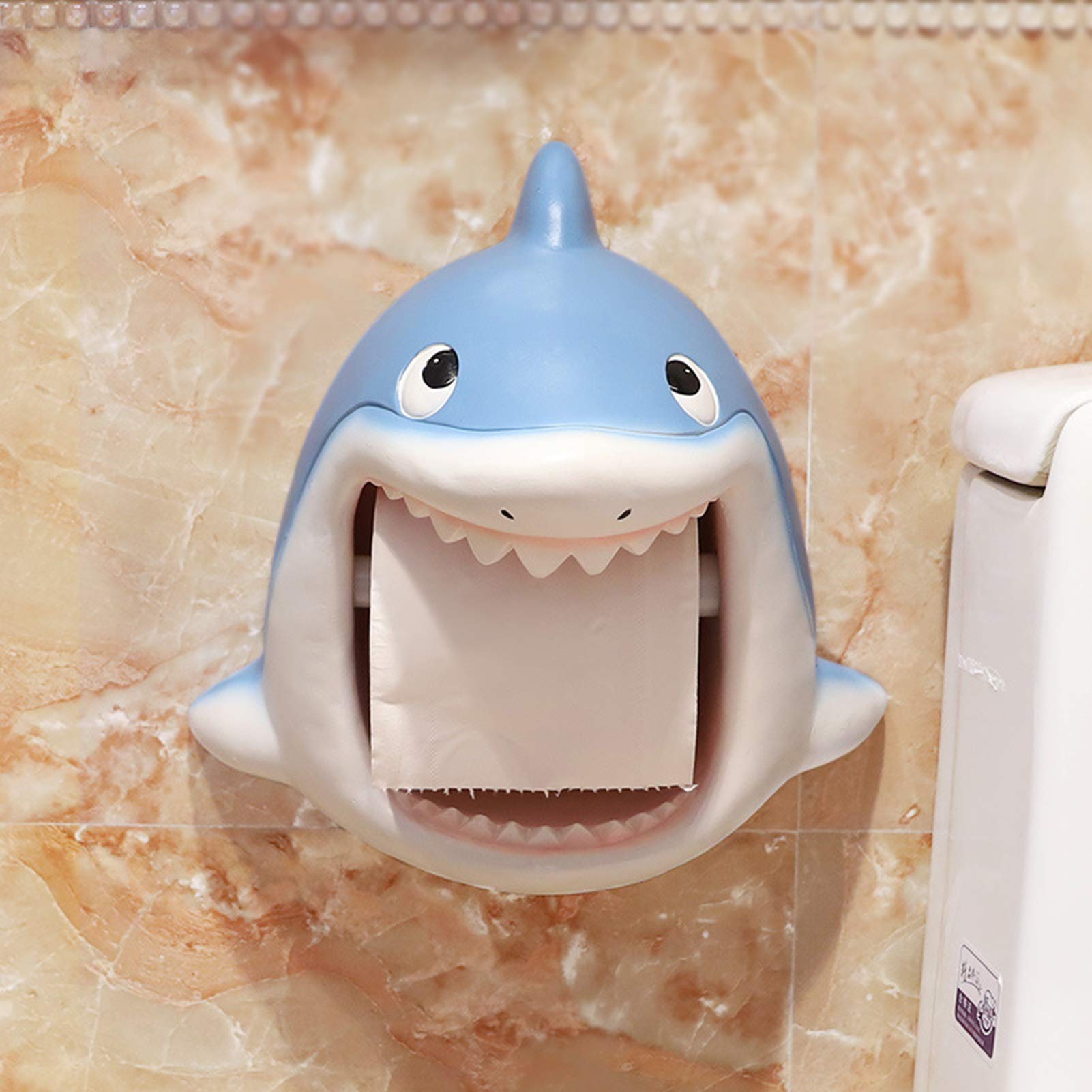 LIU- Titular del Papel Higiénico Dispensador De Papel De Rollo De Pared De Tiburón Azul De Dibujos Animados para Baño, Lavabo De Cocina, Material De Resina, Sin Perforación