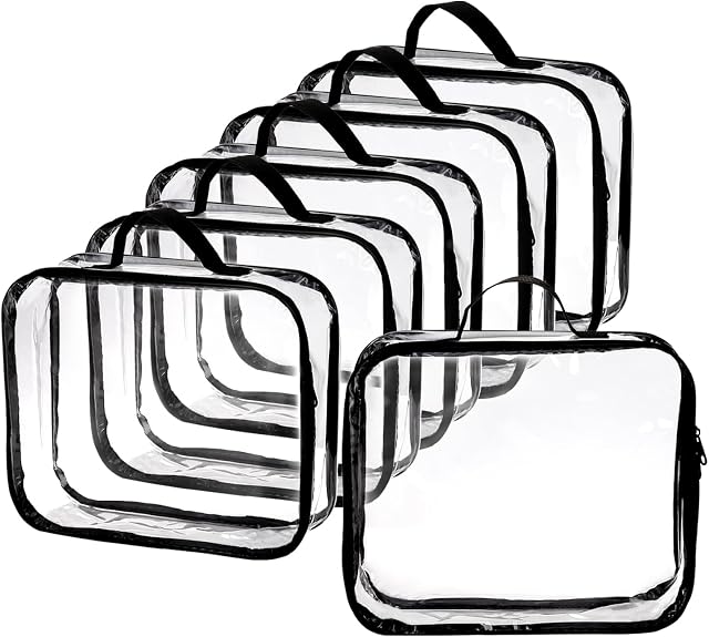 Fasmov 6 Pack Large Clear Travel Packing Cube, See-Through PVC Organizer, Vinyl Zippered Storage Bags Multipurpose Pouch with Handle for Suitcase Pants, Cashmere, Sweaters Shirts Dress Storage