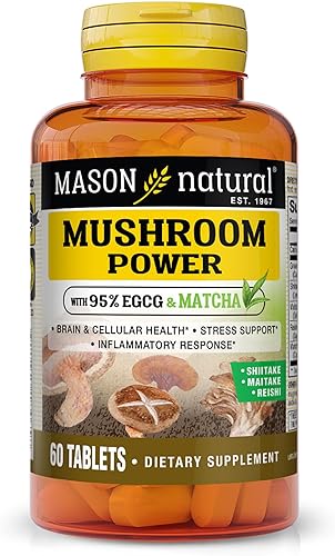 MASON NATURAL Poder de hongos con 95% de EGCG y matcha, para un bienestar óptimo, apoyo al estrés y respuesta inflamatoria saludable, 60 tabletas a