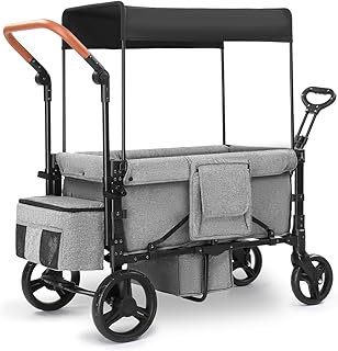 Wagon Stroller for 2 Kids, 3 in 1 Push and Pull Foldable Wagon with Footwell, All-Terrian Wheels, Includes Adjustable Canopy, Ample Organizer, 5 Point Harness