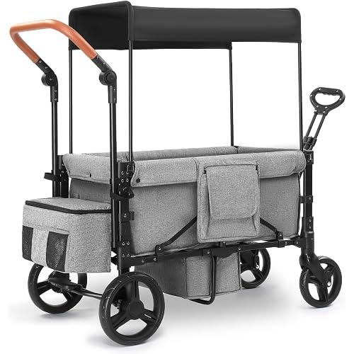 Wagon Stroller for 2 Kids, 3 in 1 Push and Pull Foldable Wagon with Footwell, All-Terrian Wheels, Includes Adjustable Canopy, Ample Organizer, 5 Point Harness