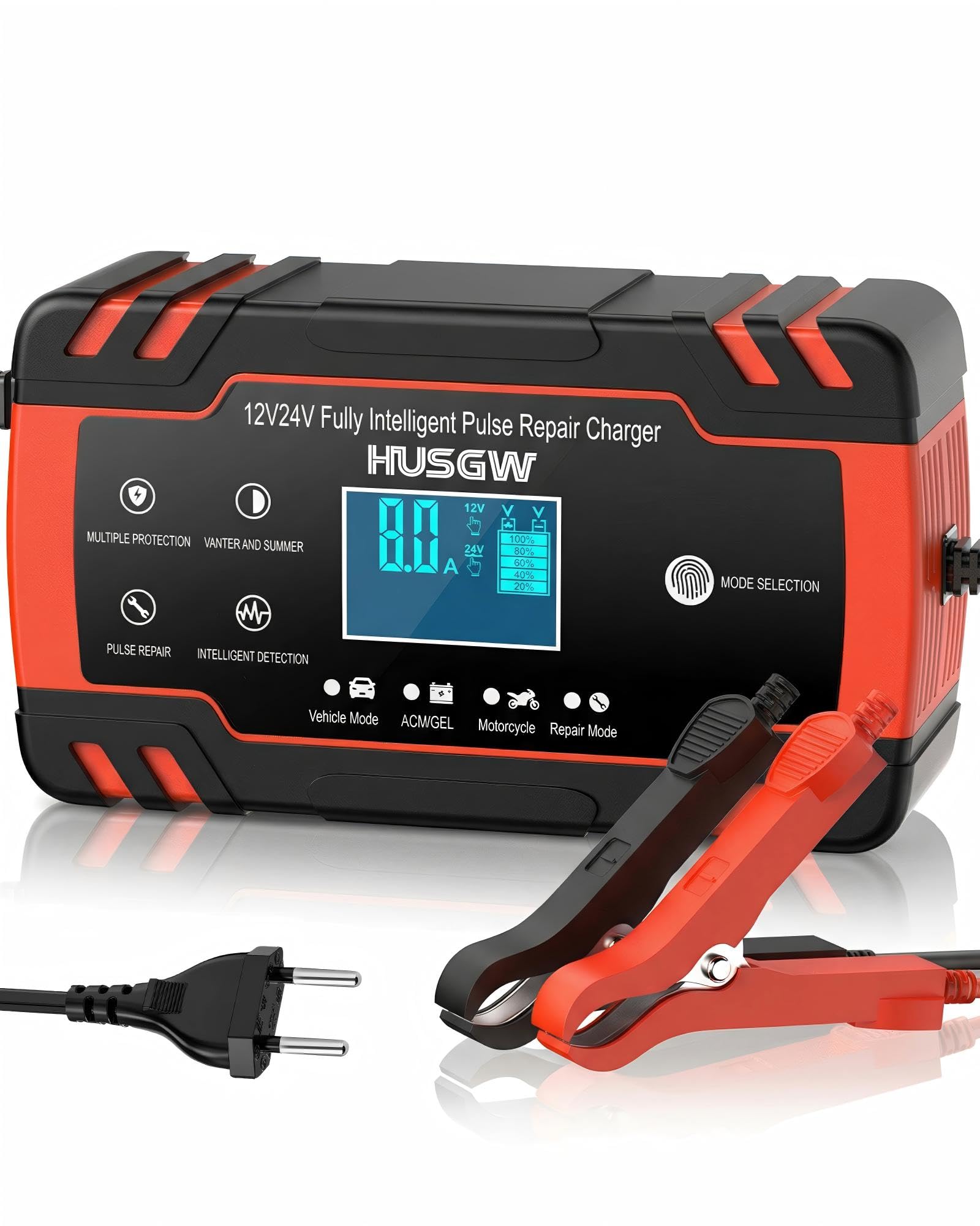 8A Autobatterie Ladegerät 12V/24V, KFZ Batterieladegerät Intelligentes Erhaltungsladegerät mit Temperaturkompensation, Vollautomatisches Motorrad Ladegerät für Auto, LKW, Rasenmäher oder Boot