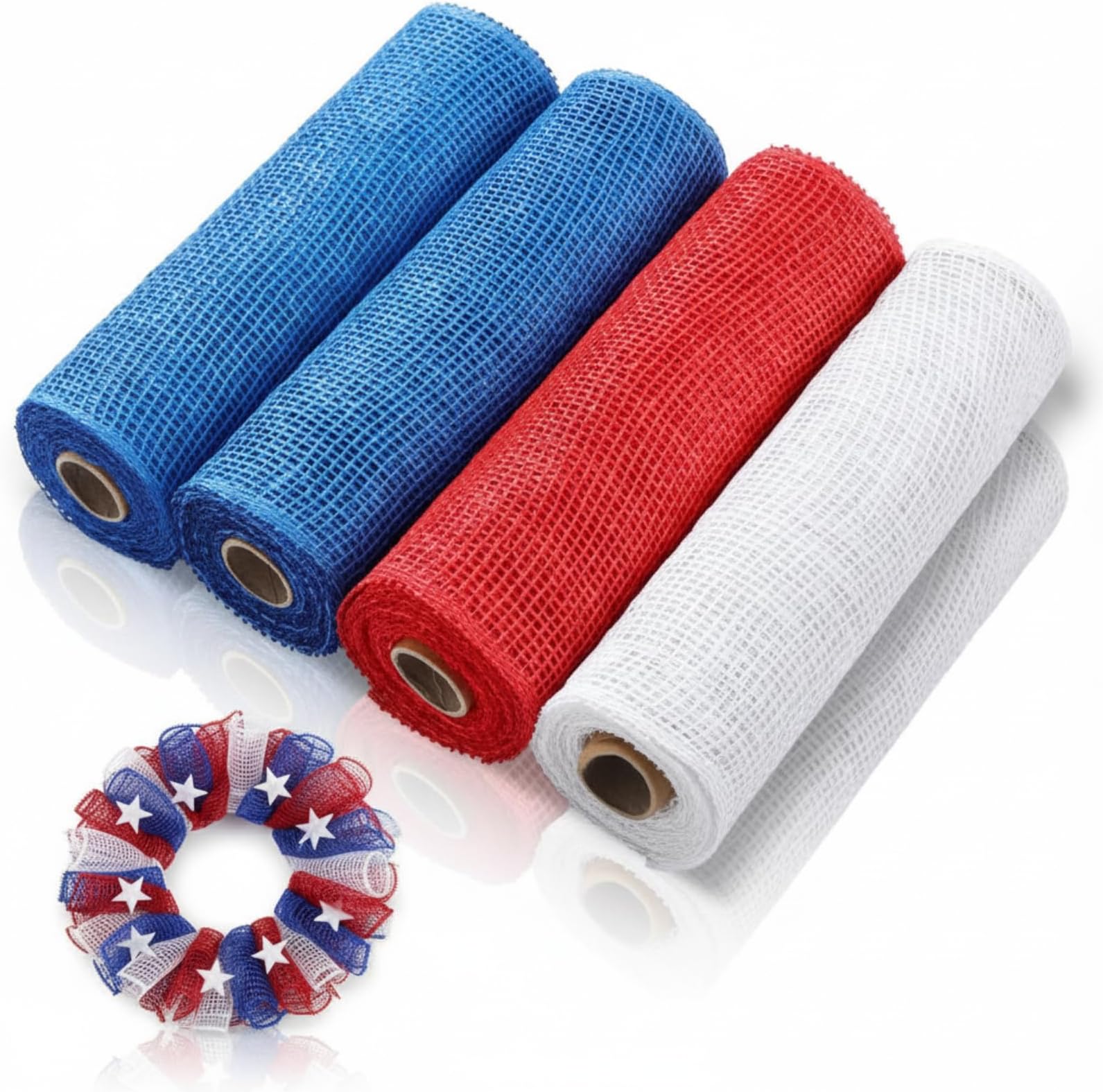 Chuangdi 4 Rolls Poly Burlap Mesh Poly Burlap Deco Ribbon Mesh Roll Patriotic for 4th of July Memorial Day Spring Summer Flower DIY Wreath Garland, 10 Inch(Blue, Red, White)