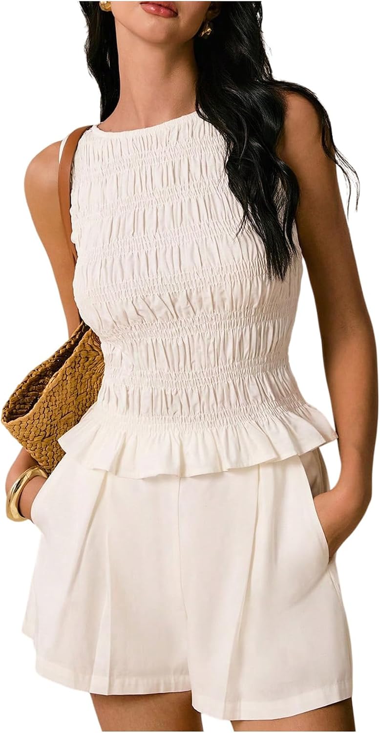 MakeMeChic Women's 2 Piece Summer Outfits Crew Neck Sleeveless Shirred Tank Top and Shorts Clothing Sets