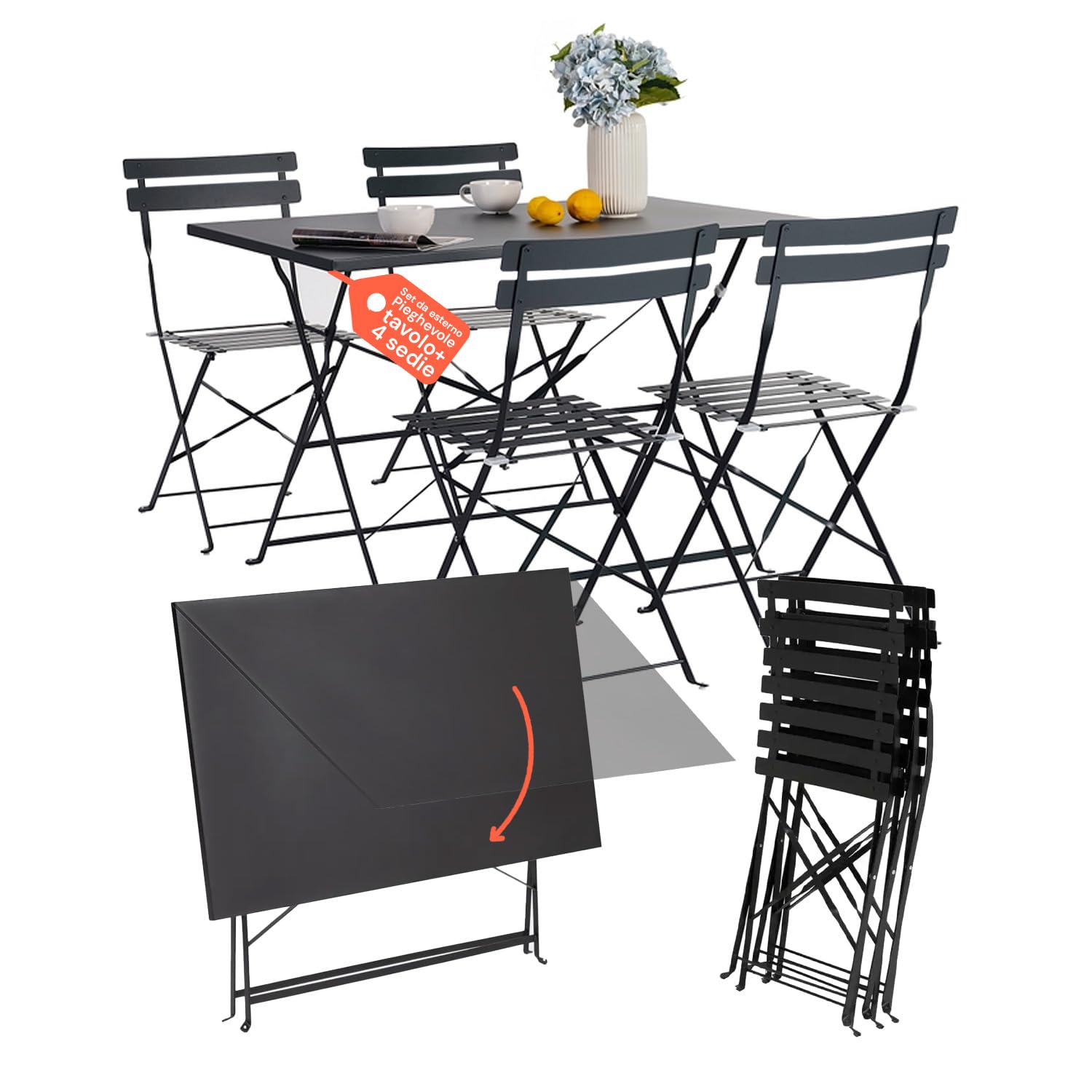 Avilia Salotto da Giardino Esterno Koby Double – Set Tavolo e Sedie da Esterno Pieghevoli in Metallo Antracite, 4 Sedie Ergonomiche e Tavolo Multifunzionale, Design Compatto e Resistente
