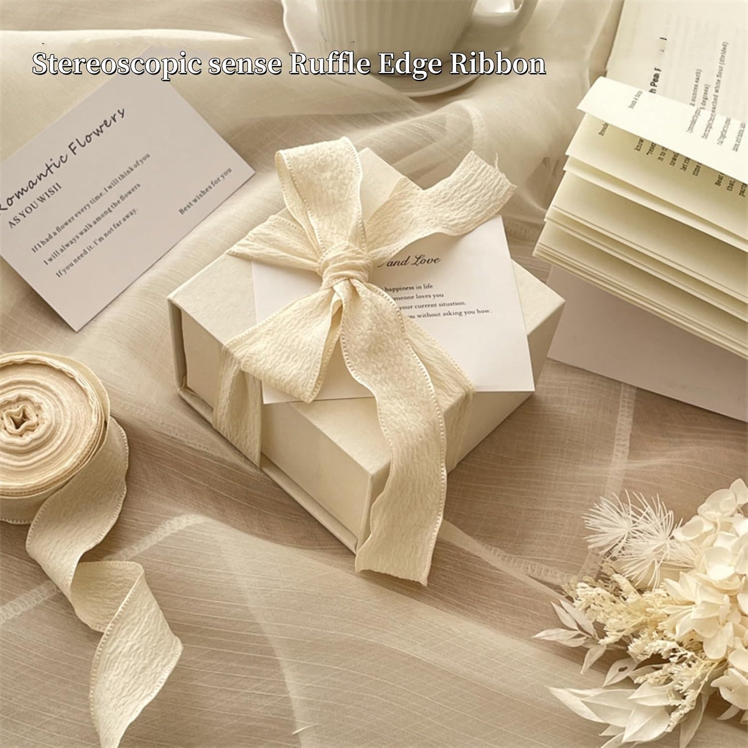 Ivory Ribbon 4Rolls Wavy Handmade Wide Ribbon for Gift Wrapping Craft Sewing 1-1/2 inch 1.5" x 40Yard Fabric Ribbon Flower Bridal Bouquets Party Wedding Decoration DIY Hair Bows Making