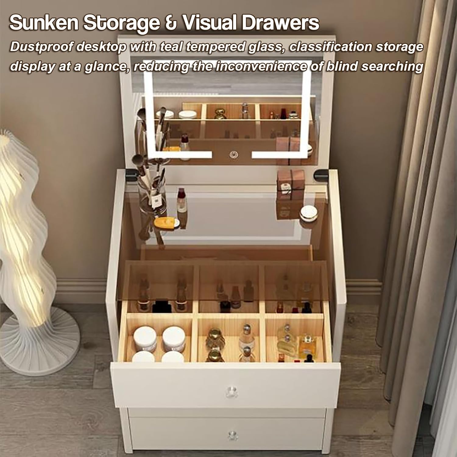 Small Vanity Set - Makeup Vanity Table with USB Charging Station & Speaker, Vanity Desk with Mirror and Lights Dressing Table Makeup Vanity Drawers and Storage Stool Make Up Desk,Gray,19.7"×15.