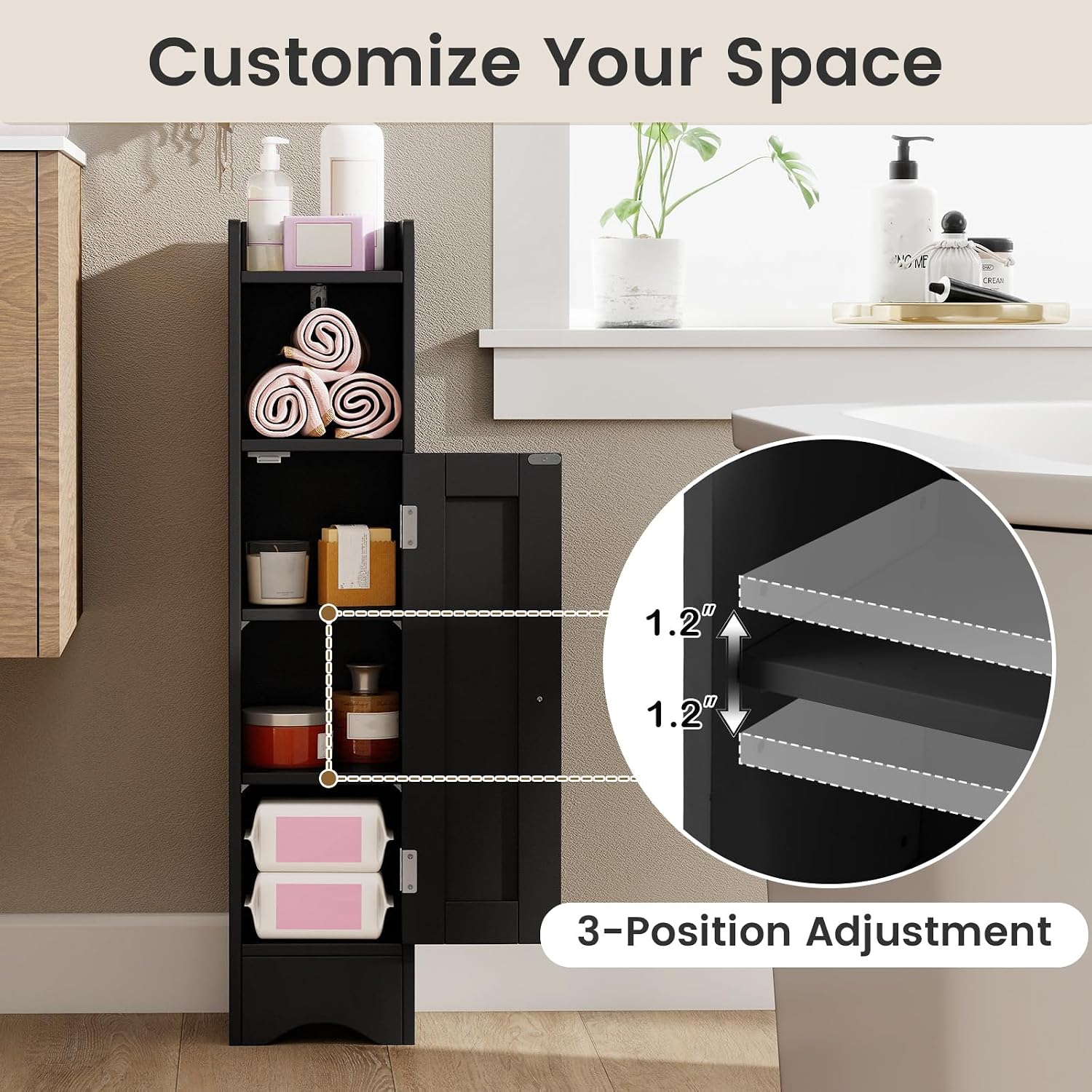 Tangkula Small Bathroom Storage Cabinet with Door, Toilet Paper Holder Stand with Adjustable Shelves & Open Compartment for Small Spaces, Narrow Freestanding Storage, 7 x 7.5 x 31.5 Inches (Black)