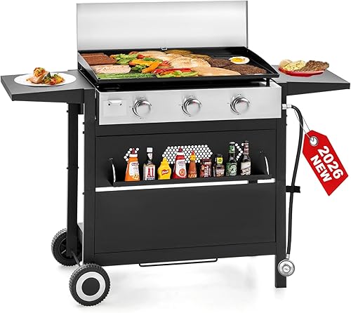 GREEN PARTY - Parrilla de gas propano de 3 quemadores con carro de pie extraíble, convertible a diseño de mesa, parrilla plana de 27 pulgadas para