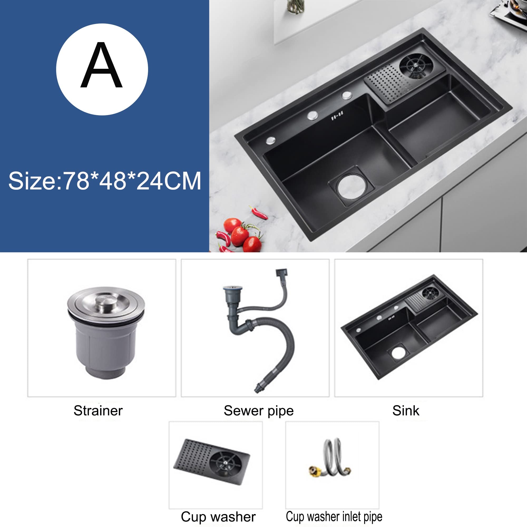 Lavandino Cucina Incasso Nero Lavello in Acciaio Inox Professionale 1 Vasca Lavello da Bar Multifunzionale con Rubinetto Lavabicchieri Componenti di Drenaggio per Postazione di Lavoro Caffè Ristorante