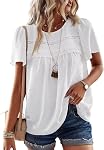 Falechay Femmes Été Hauts Col rond Chemises manches courtes Casual Mousseline Blouses de dentelle fluide Hem Boho Vêtements tendance 2026