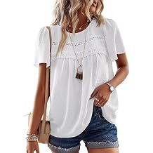 Womens Summer Tops Crewneck Short Sleeve Shirts Casual Chiffon Blouses Flowy Lace Hem Boho Clothing Trendy 2026