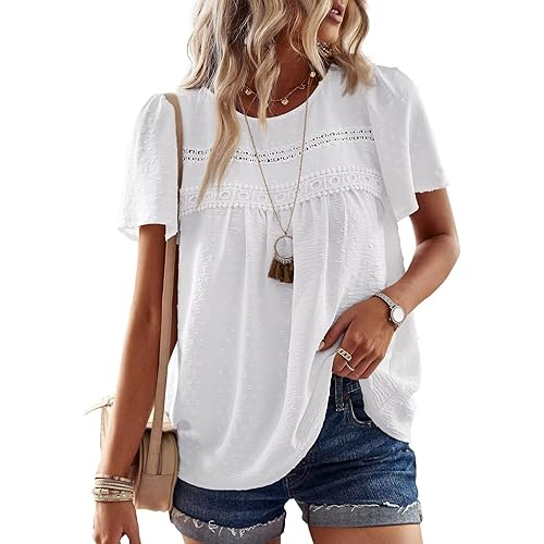 Womens Summer Tops Crewneck Short Sleeve Shirts Casual Chiffon Blouses Flowy Lace Hem Boho Clothing Trendy 2025