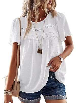 Womens Summer Tops Crewneck Short Sleeve Shirts Casual Chiffon Blouses Flowy Lace Hem Boho Clothing Trendy 2026