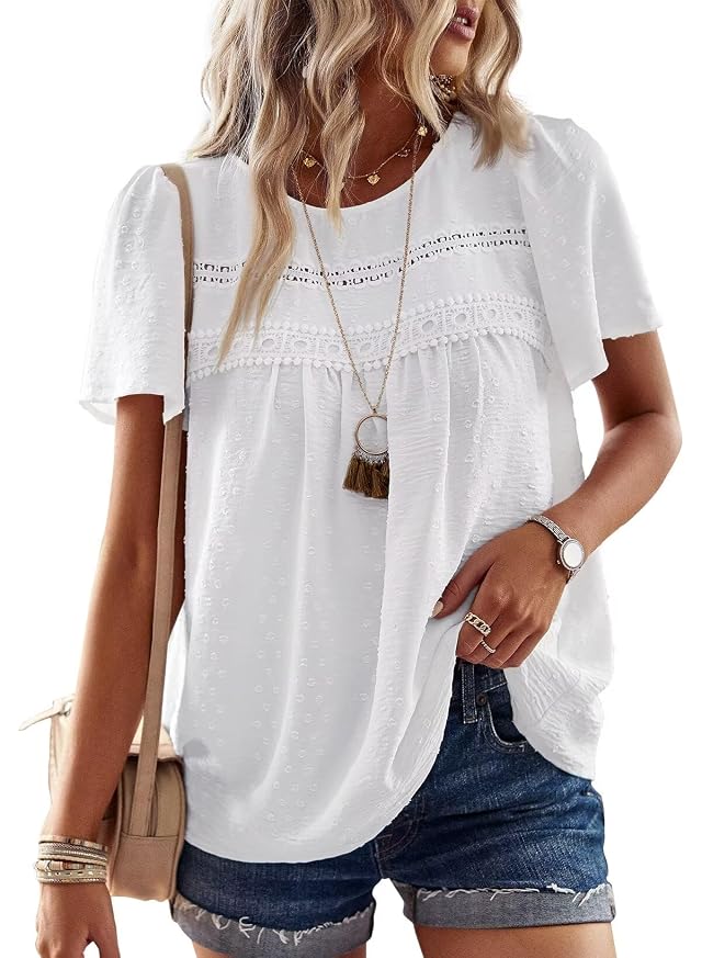 Womens Summer Tops Crewneck Short Sleeve Shirts Casual Chiffon Blouses Flowy Lace Hem Boho Clothing Trendy 2026