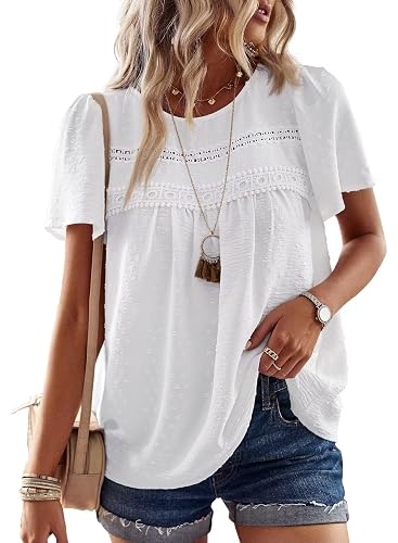 Falechay Womens Summer Tops Crewneck Short Sleeve Shirts Casual Chiffon Blouses Flowy Lace Hem Boho Clothing Trendy 2025 - White - Large