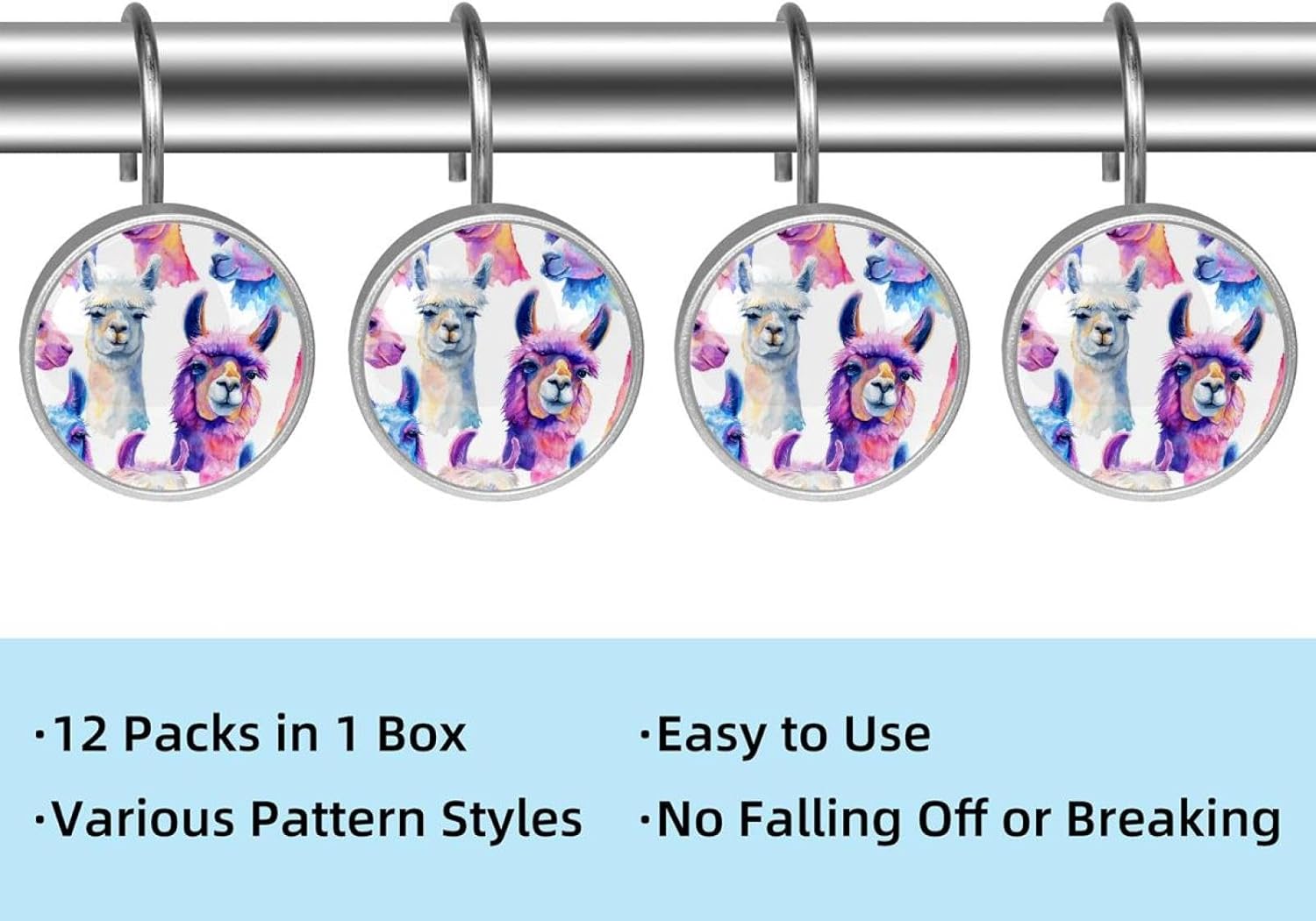 Llamas Round Crystal Glass Decorative Shower Curtain Hooks with 3D Pattern Visual, Rust Proof Shower Curtain Rings-12 Pack