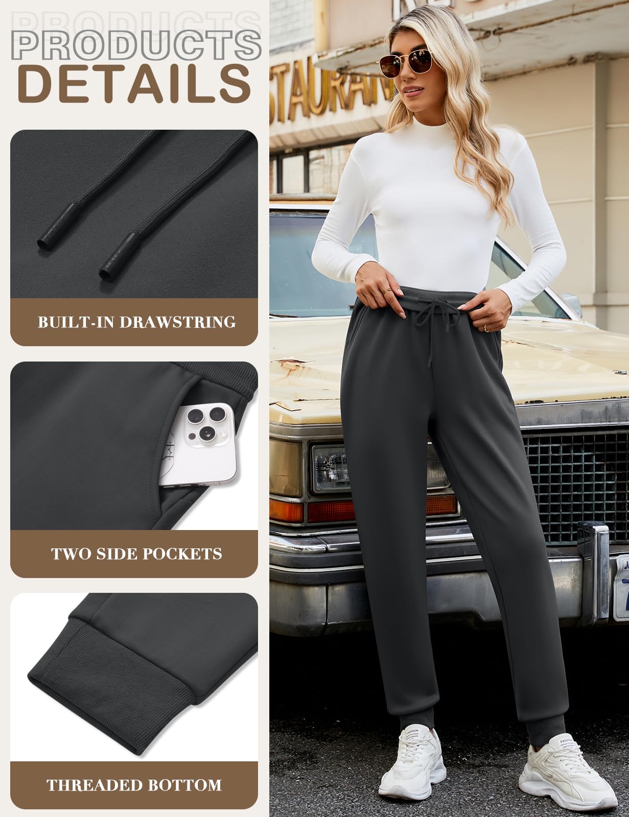 Xnova Pantaloni da Jogging Imbottiti da Donna Invernali, Tuta Fodera in Pile Pantalone con Coulisse Casual Sportivi Vita Alta Leggings, Lunghi Pantaloni Joggers in Tessuto Elasticizzato con 2 Tasche