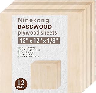 Ninekong 12 Pack Basswood Sheets 1/8 Inch Thick 12x12 - Premium Plywood for Laser Cutting, Engraving, Crafts & Wood Burning