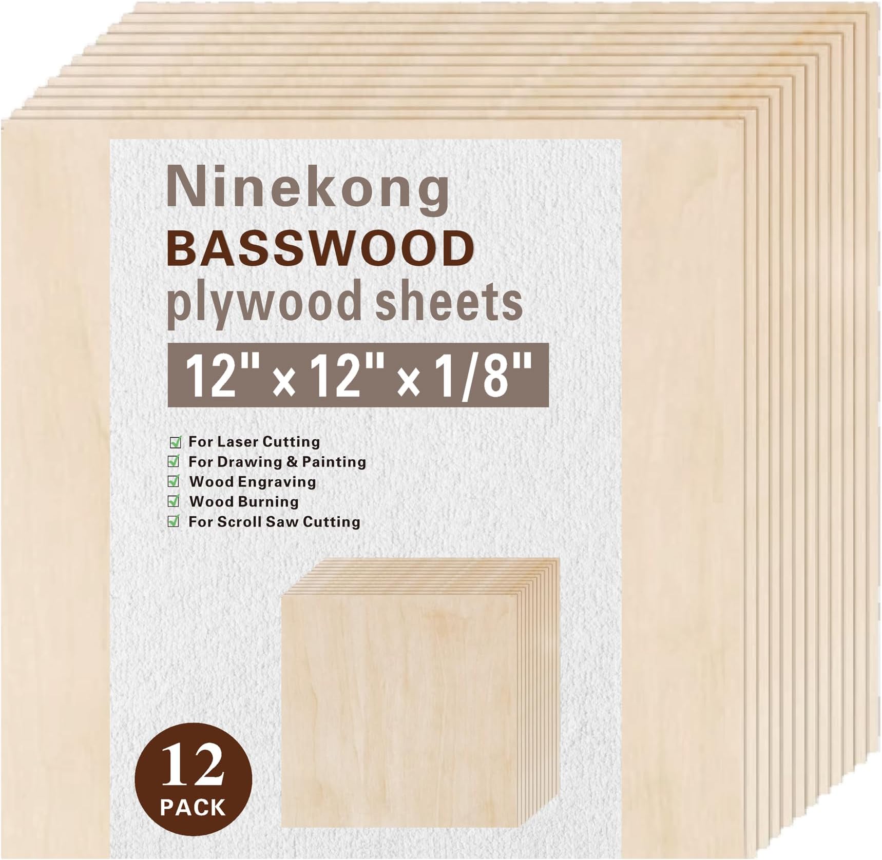12 Pack Basswood Sheets 1/8 inch,12"x12"x1/8" Plywood Sheets,3mm Basswood for Laser Cutting,Laser Engraving Blanks,Thin Natural Unfinished Wood for Crafts,Wood Burning,Scroll Saw Cutting