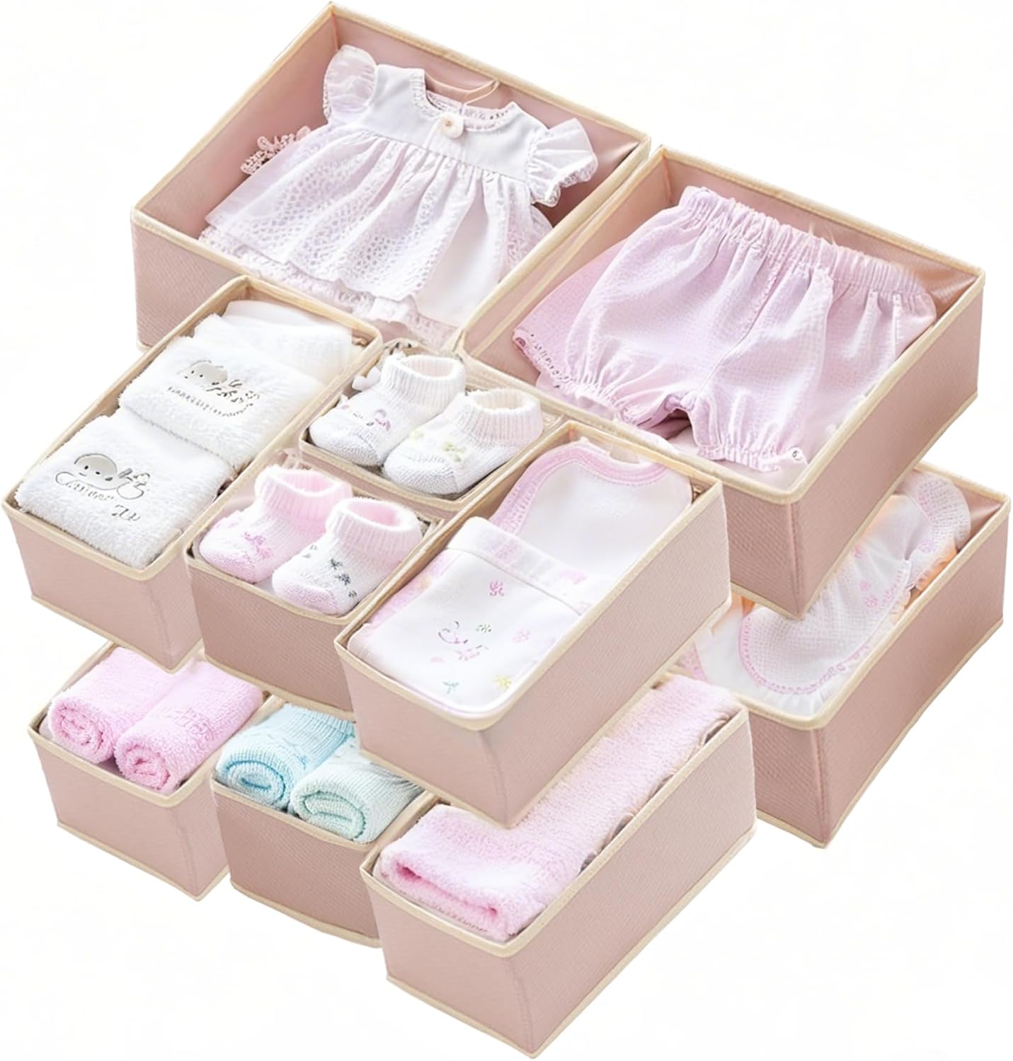 SANDOO Pink Drawer Organizer for Baby Clothes 12 Pack - Dresser Organizer for Nursery,Foldable Fabric Drawer Organizer Storage for Baby Socks,Diaper,Drool Bibs,Towels