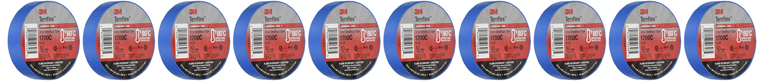 10 Pack 3M Temflex 1700C Blue 3/4" x 66' General Use Vinyl Electrical Tape